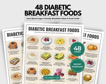 48 diabetische ontbijtproducten afdrukbaar, diabetes type 2 voedsellijst, bloedsuikervriendelijke ontbijtgids pdf-tabel