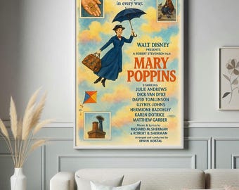 May include: A framed vintage movie poster for "Mary Poppins" featuring Julie Andrews. The poster has a light blue background with illustrations of Mary Poppins, a kite, and other imagery. The title and cast are prominently displayed.
