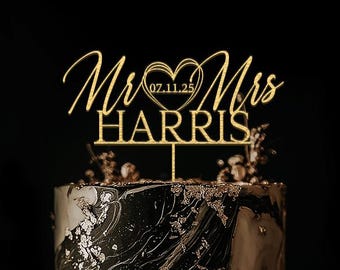 Wedding Cake Topper with Heart, Heart Cake Topper for Wedding, Mr Mrs Wedding Cake Topper, Custom Date Cake Topper, Anniversary Gift