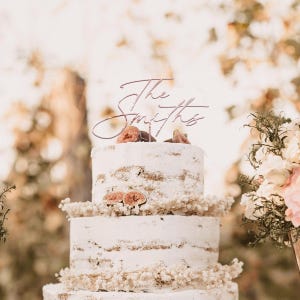 May include: A three-tiered wedding cake with white frosting and fig slices. The cake is topped with a cursive "The Smiths" cake topper. Dried flowers and greenery decorate the cake and the background.