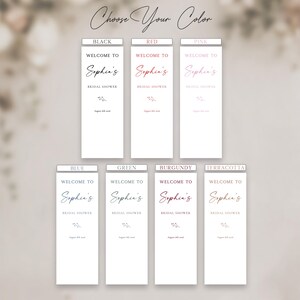 May include: A selection of bridal shower welcome signs in various colours. Each sign says "Welcome to Sophia's Bridal Shower" with the date August 8th, 2020. The colour options are black, red, pink, blue, green, burgundy, and terracotta.