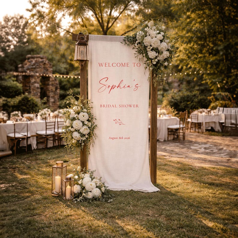 May include: A wooden sign with a white fabric banner, decorated with flowers and candles. The sign says "Welcome to Sophia's Bridal Shower, August 8th 2026." The scene is set outdoors with tables and chairs, creating a celebratory atmosphere.