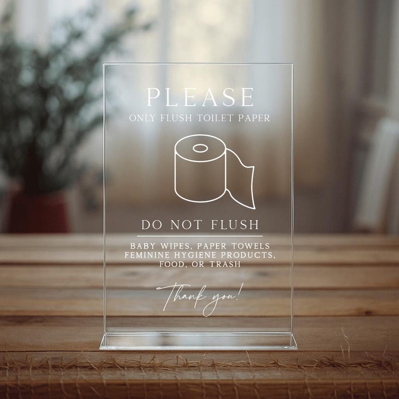 May include: Clear acrylic sign with the text "PLEASE ONLY FLUSH TOILET PAPER" and a toilet paper roll graphic. The sign also says "DO NOT FLUSH" and lists items not to flush. The sign ends with "Thank you!"