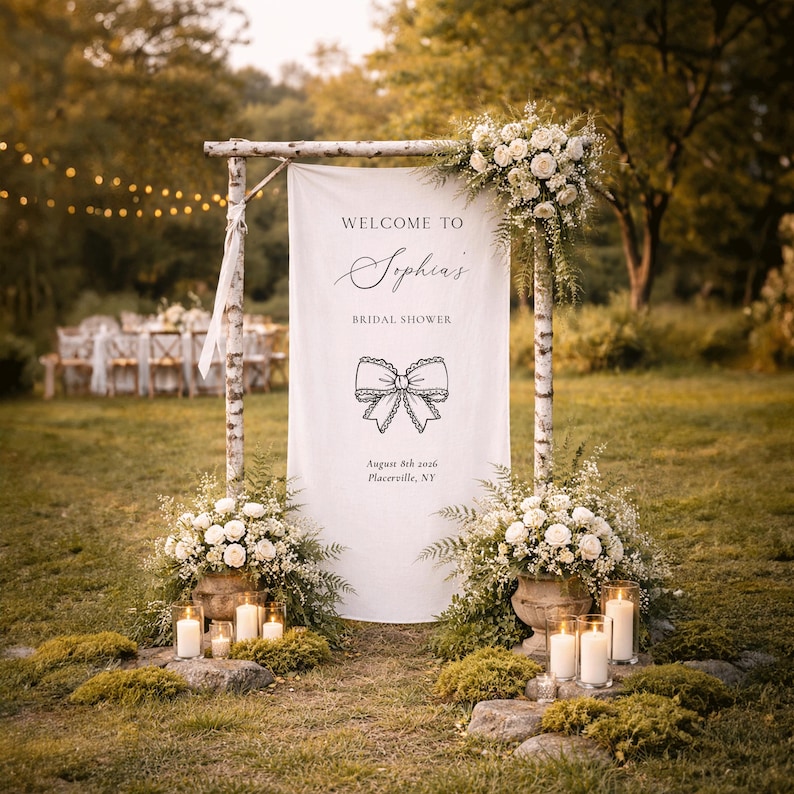 May include: A white banner with the text "Welcome to Sophia's Bridal Shower" and a bow illustration. The sign is supported by wooden poles and decorated with white flowers and candles, set in a grassy outdoor area.