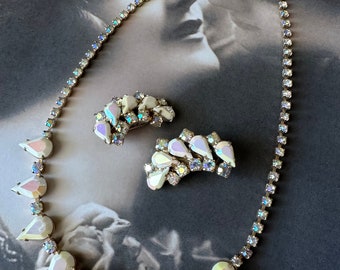 Aurora Borealis Rhinestone Teardrop Vintage Necklace and Earrings Set 1950’s