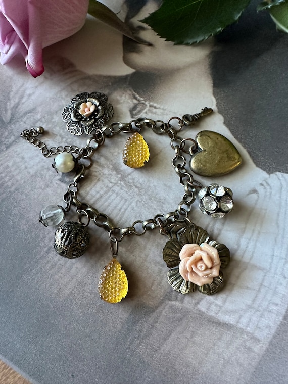 Key to My Heart Floral Rose Charm Bracelet Vintag… - image 1