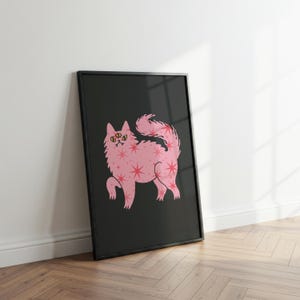 Himmlische rosa Katze Digitaldruck | Retro Star Black Wandkunst