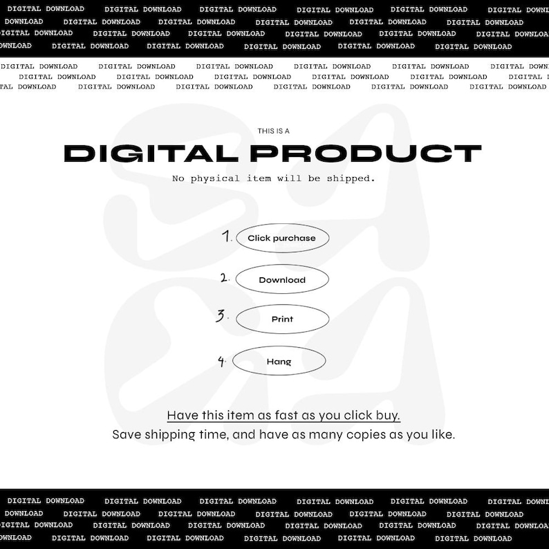 K&ouml;nnte beinhalten: Schwarz-wei&szlig; Grafik, die ein digitales Produkt bewirbt. Der Text lautet &bdquo;DIGITALES PRODUKT&ldquo; und beschreibt die Schritte: Kauf anklicken, herunterladen, drucken und aufh&auml;ngen. Zus&auml;tzlicher Text betont die Schnelligkeit und den Komfort digitaler Downloads.