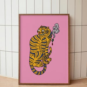 Pfeife rauchende Tiger Illustration Wand Kunst | Boho spirituelle Tier Kunstwerk digitaler Download