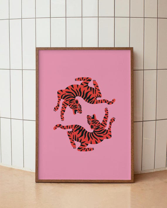 Two Tigers Digital Print | Retro Pink Red Animal Wall Art
