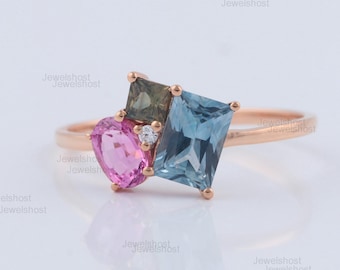Multi Sapphire Three Stone Ring, 14K Solid Gold Pink & Blue Sapphire Ring with Diamond Accent, Rainbow Sapphire Birthstone Jewelry Gift Ring