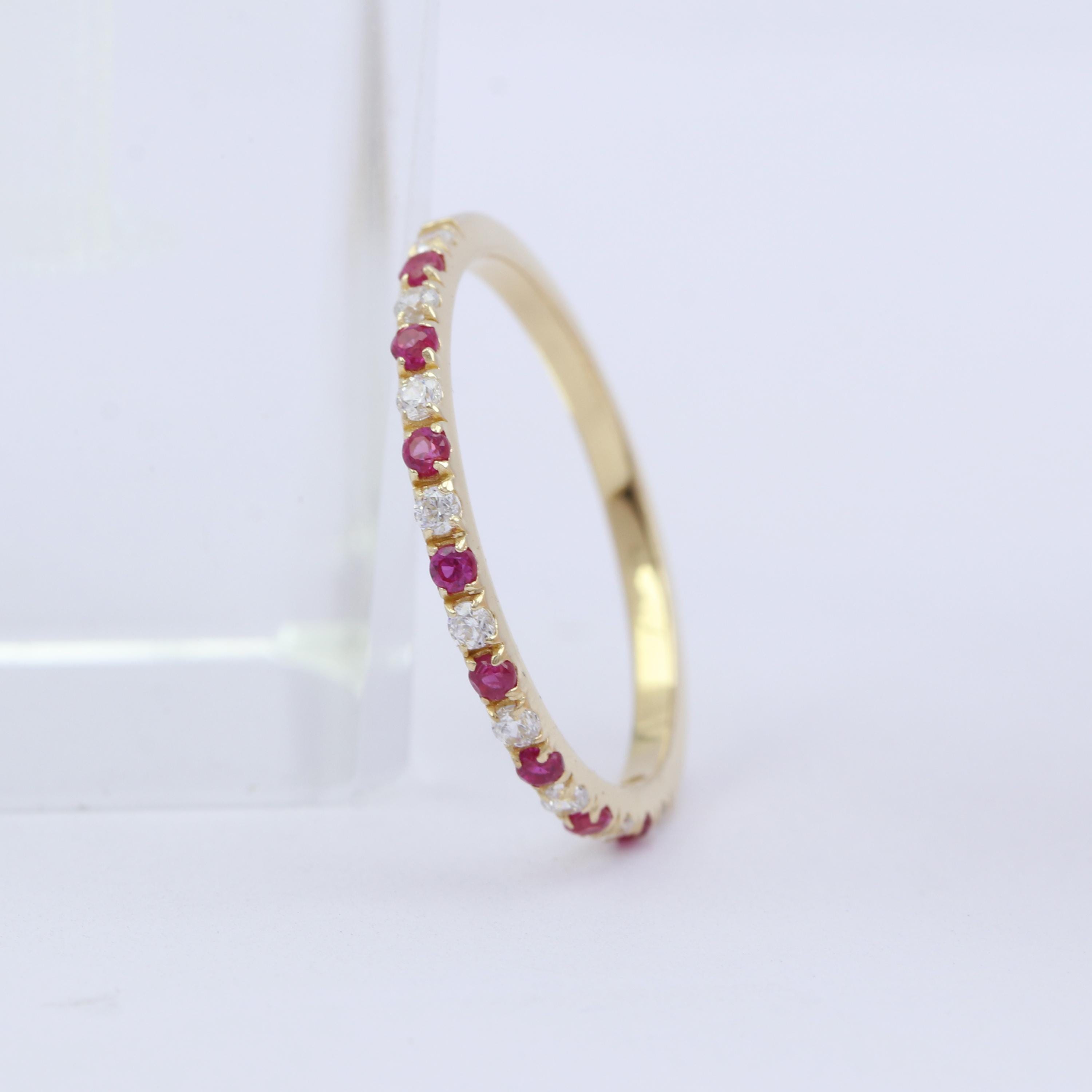 14K Gold Ruby Diamond Half Eternity Stacking Ring - Etsy