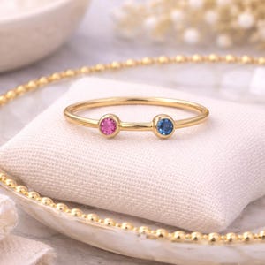 14K Solid Yellow Gold Ruby Sapphire Ring, Minimalist Two-Stone Bezel Setting