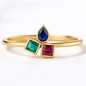 14K Solid Yellow Gold Sapphire Ruby Emerald Ring, Three Stone Gemstone Ring, Dainty Gold Ring, Minimalist Ring, Colorful Gem Ring
