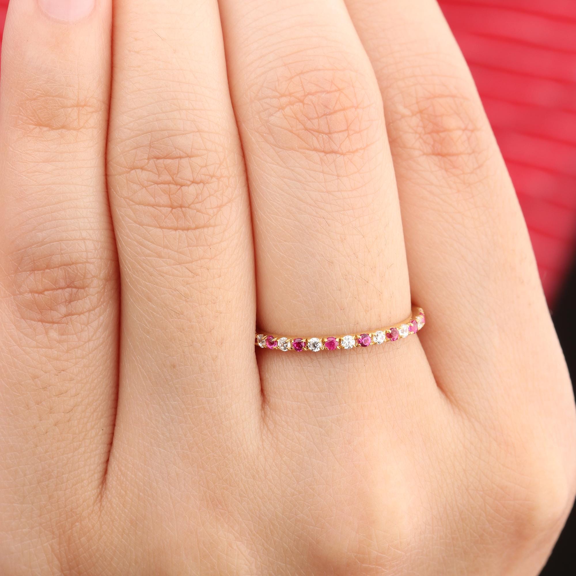 14K Gold Ruby Diamond Half Eternity Stacking Ring - Etsy