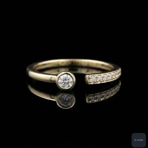 14kt/18kt Solid Gold Open Cuff Ring, Bezel Solitaire Pavé Diamond Minimal Ring