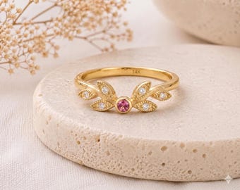 Pink Tourmaline Diamond Leaf Ring, 14K Gold Floral Engagement Ring