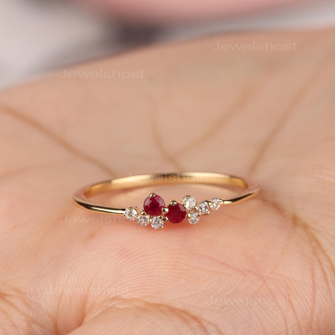 14K Solid Yellow Gold Ruby Diamond Curved Ring, July Birthstone ...