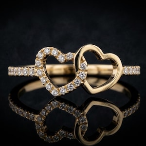 Solid Gold Double Heart Diamond Ring • Couple's Promise Ring