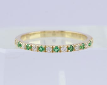 14K Gold Emerald Diamond Ring, Half Eternity Wedding Band