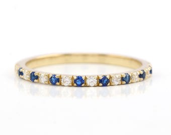 14Kt Gold Sapphire Diamond Band, Half Eternity Stacking Ring