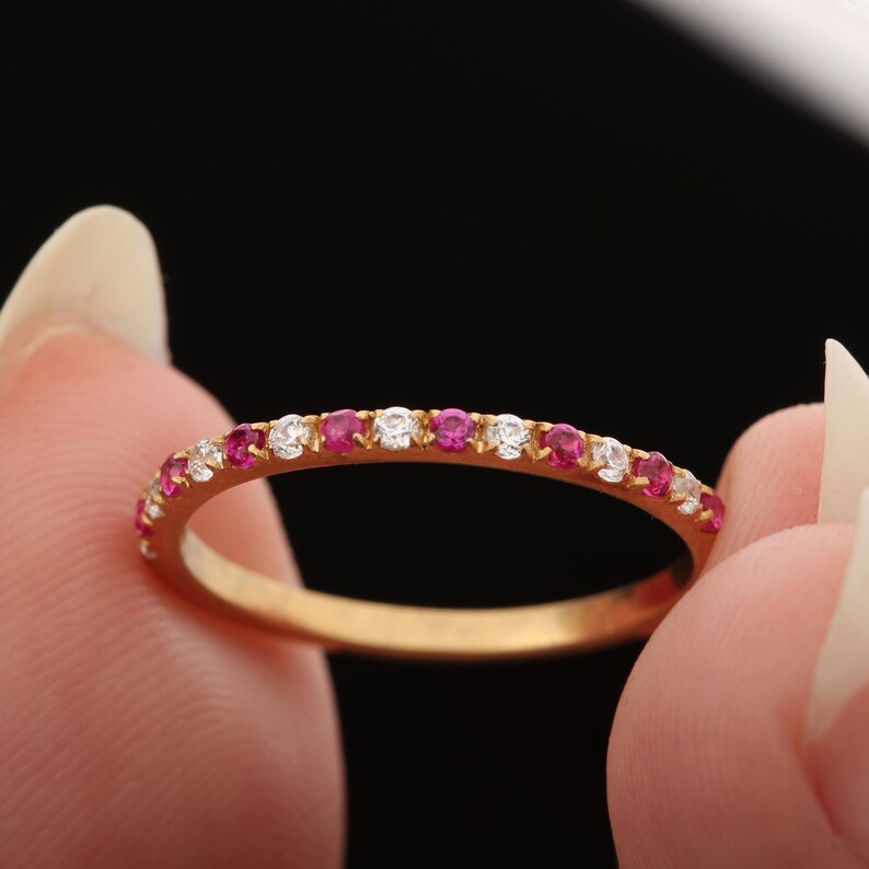 14K Gold Ruby Diamond Half Eternity Stacking Ring - Etsy