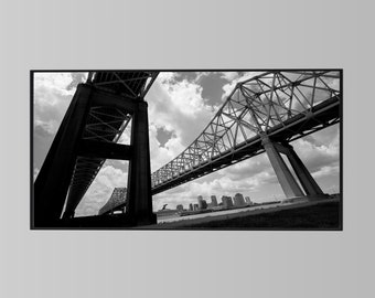 New Orleans Photography, New Orleans Skyline, Black and White, Bridges