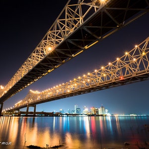 Bridge Architecture, New Orleans Photography, Crescent City Connection, Mississipppi River, City SkylinePhotograph image 1