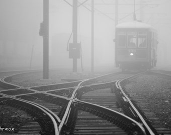 New Orleans Streetcar, Foggy, French Quarter, Louisiana, Black and White Photography, Panoramic