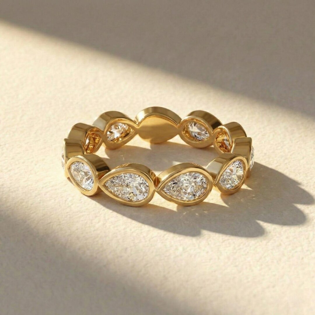 Pear Lab Diamond Bezel Set Eternity Ring, Wedding Band, 18K Yellow Gold ...