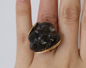 Raw Black Agate Stone Wire Wrapped Statement Ring - Wire Wrapped Rings