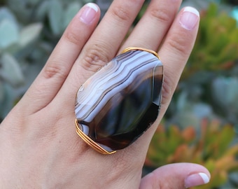 Large Black Stone Ring - Gold Wire Wrapped Statement Ring