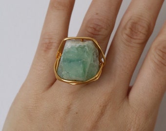 Raw Light Green Agate Wire Wrapped Statement Ring - Wire Wrapped Rings