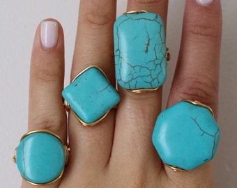 Turquoise Stone Wire Wrapped Statement Ring - Various Shapes - Wire Wrapped Rings