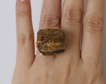 Raw Tigers Eye Stone Wire Wrapped Statement Ring - Wire Wrapped Rings