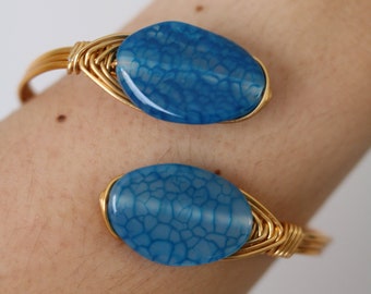 Blue Agate Stone Wire Wrapped Bangle - Wire Wrapped Jewelry