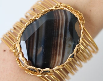 Black Mixed Agate Stone Wire Wrapped Cuff - Wire Wrapped Jewelry