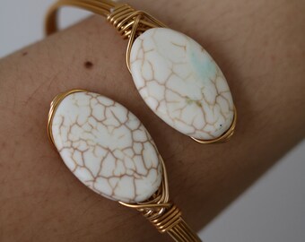 White Turquoise Stone Wire Wrapped Bangle - Wire Wrapped Jewelry