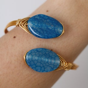 Blue Agate Stone Wire Wrapped Bangle - Wire Wrapped Jewelry