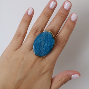 Polished Blue Gemstone Wire Wrapped Statement Ring - Wire Wrapped Ring