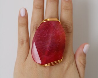 Large Pink Agate Stone Wire Wrapped Statement Ring - Wire Wrapped Rings