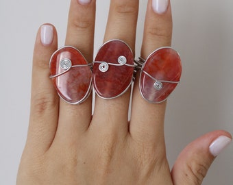 Polished Orange Quartz Gemstone Wire Wrapped Statement Ring - Wire Wrapped Rings