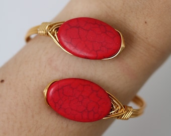 Red Turquoise Stone Wire Wrapped Bangle - Wire Wrapped Jewelry