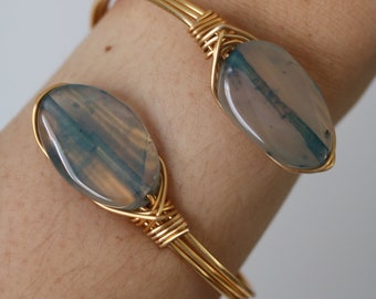 Jade Wire Wrapped Gold Bangle Bracelet - Wire Wrapped Jewelry