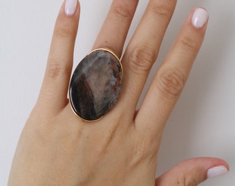 Polished Marble Stone Wire Wrapped Statement Ring - Wire Wrapped Rings