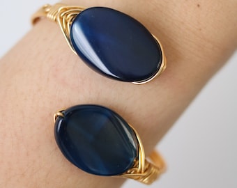 Navy Agate Stone Wire Wrapped Bangle - Wire Wrapped Jewelry