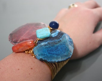 Raw Pink & Blue Agate, Carnelian, Turquoise Stone on Copper Wire Wrapped Cuff