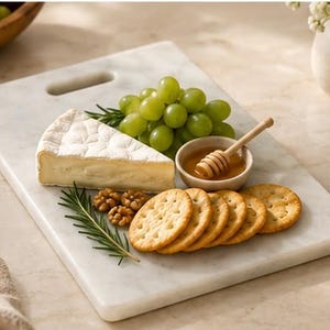 May include: A rectangular white marble serving board with a cutout handle, featuring a wedge of brie cheese, a cluster of green grapes, a small bowl of honey with a wooden dipper, a handful of walnuts, and several round crackers with rosemary.
