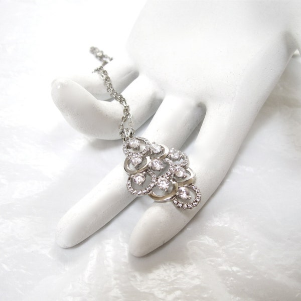 Sterling Silver Rhinestone Necklace Pendant, signed, diamond shape, Excellent