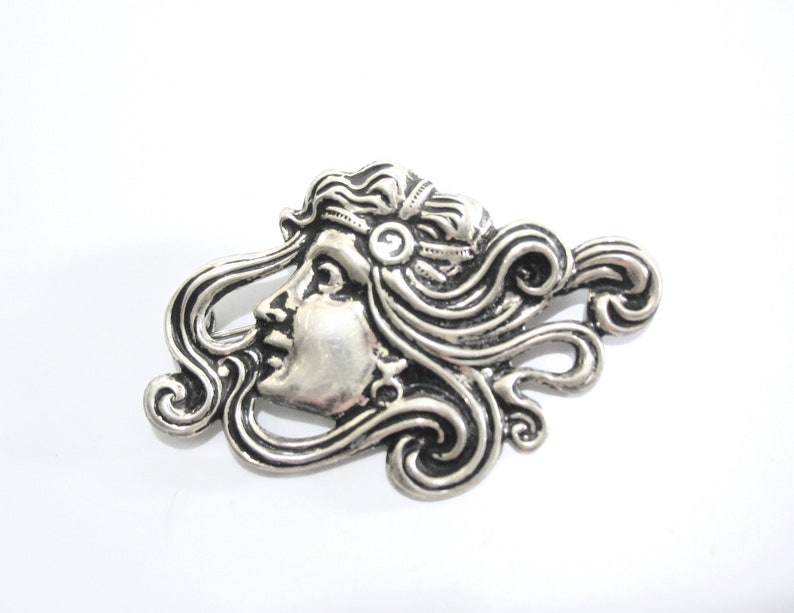 Sterling Art Nouveau Brooch Lady Pin Womans Face Flowing image 0